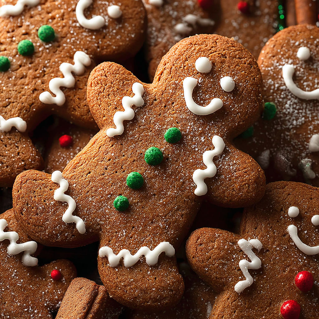 A close up of a gingerbread man with a smile on his face.