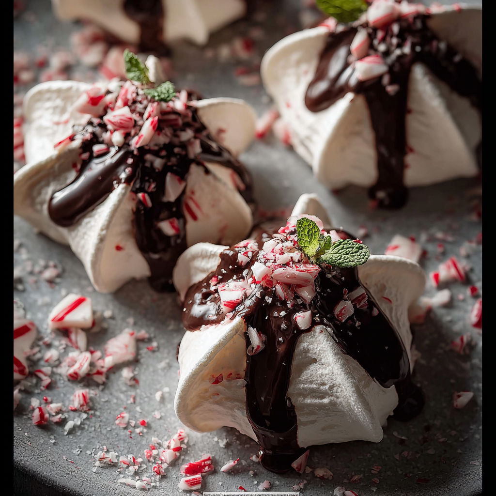 Peppermint meringues with chocolate drizzle.
