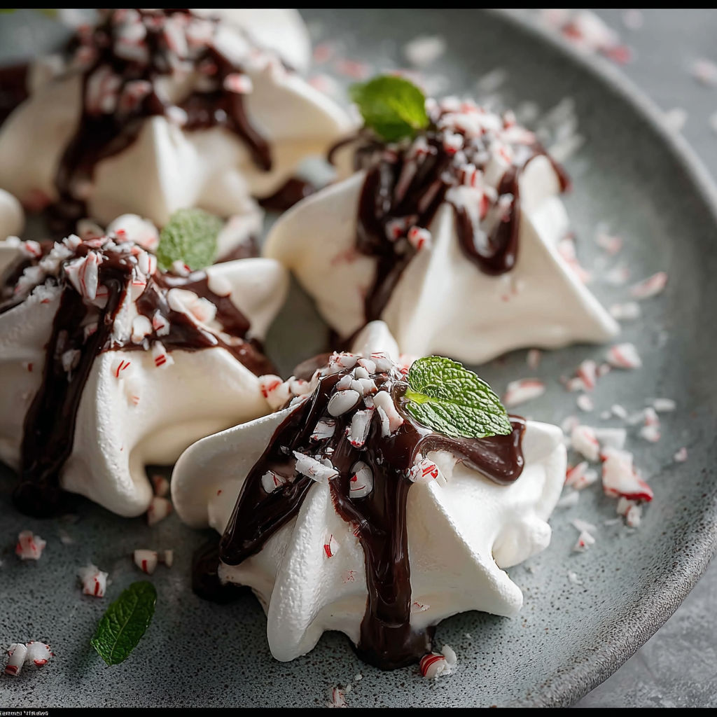 Peppermint meringues with chocolate drizzle.