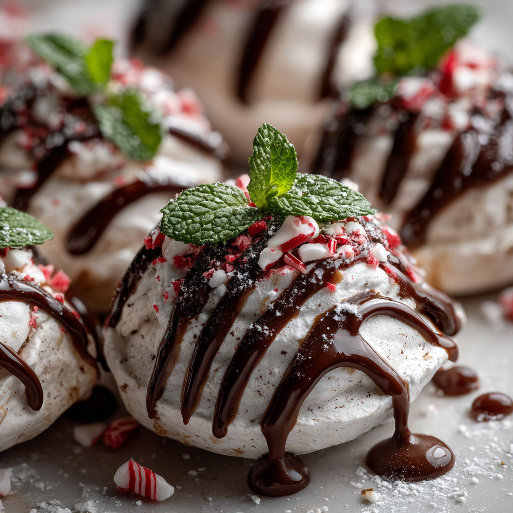 Peppermint meringues with chocolate drizzle.