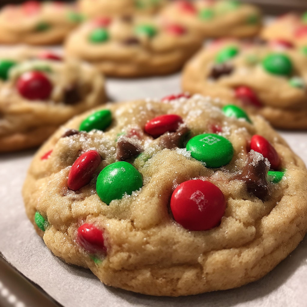 A close up of a Christmas M&M cookie.