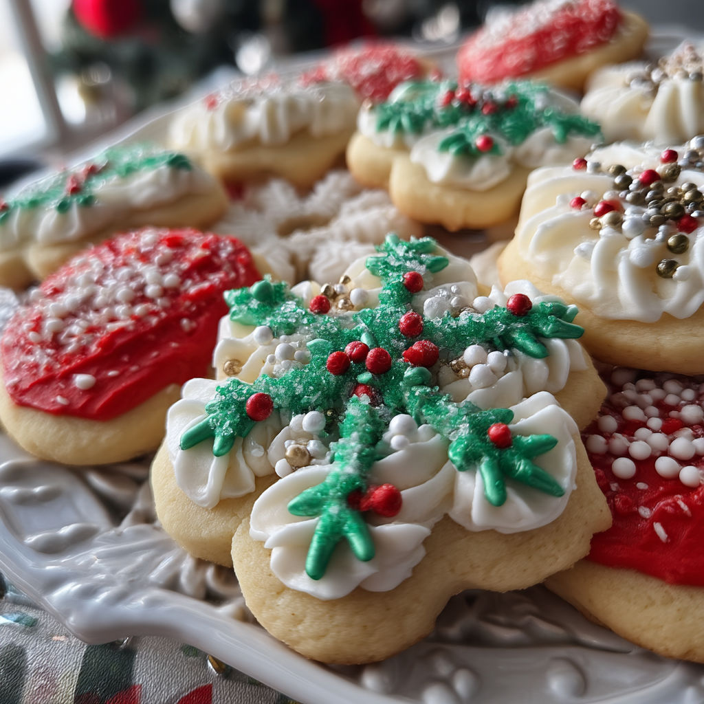 A plate of Christmas sugar cookies with white icing.