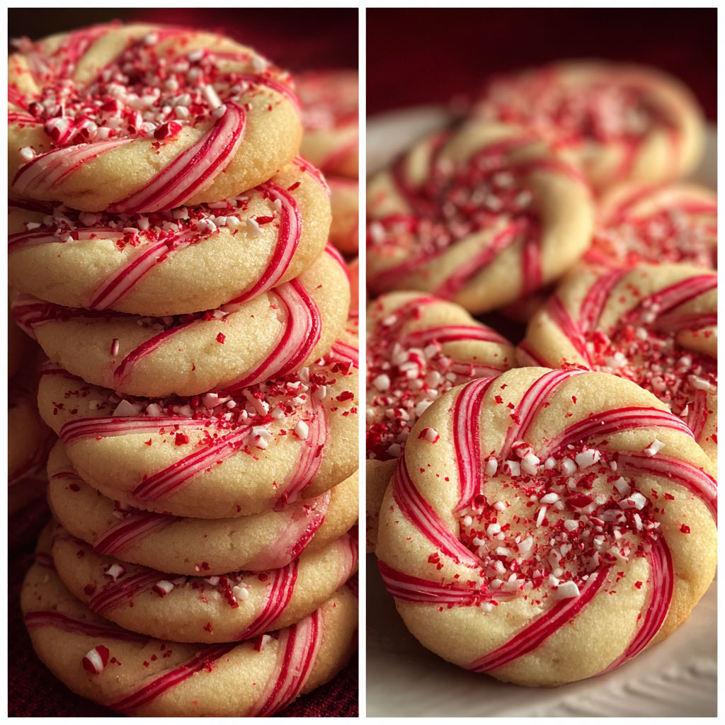 Two pictures of red and white striped cookies.