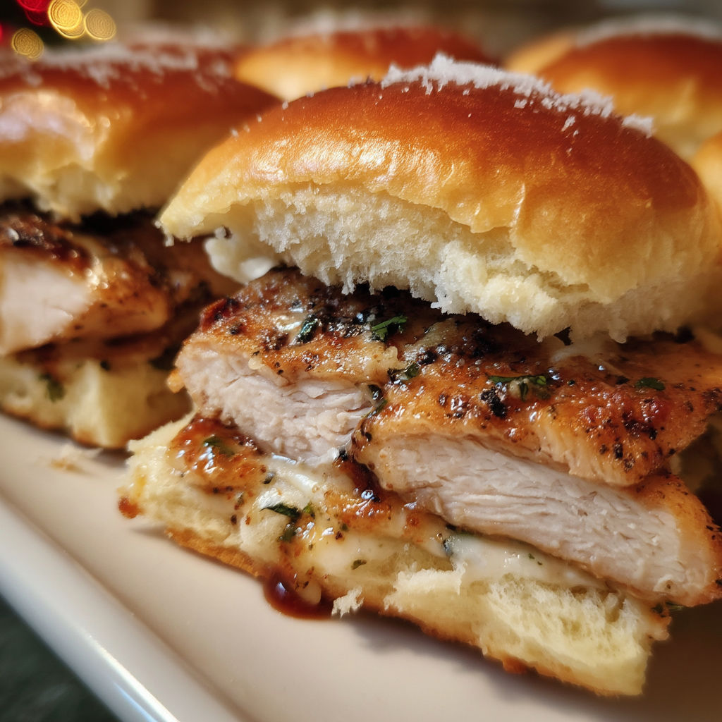A plate of chicken sliders with a white sauce.