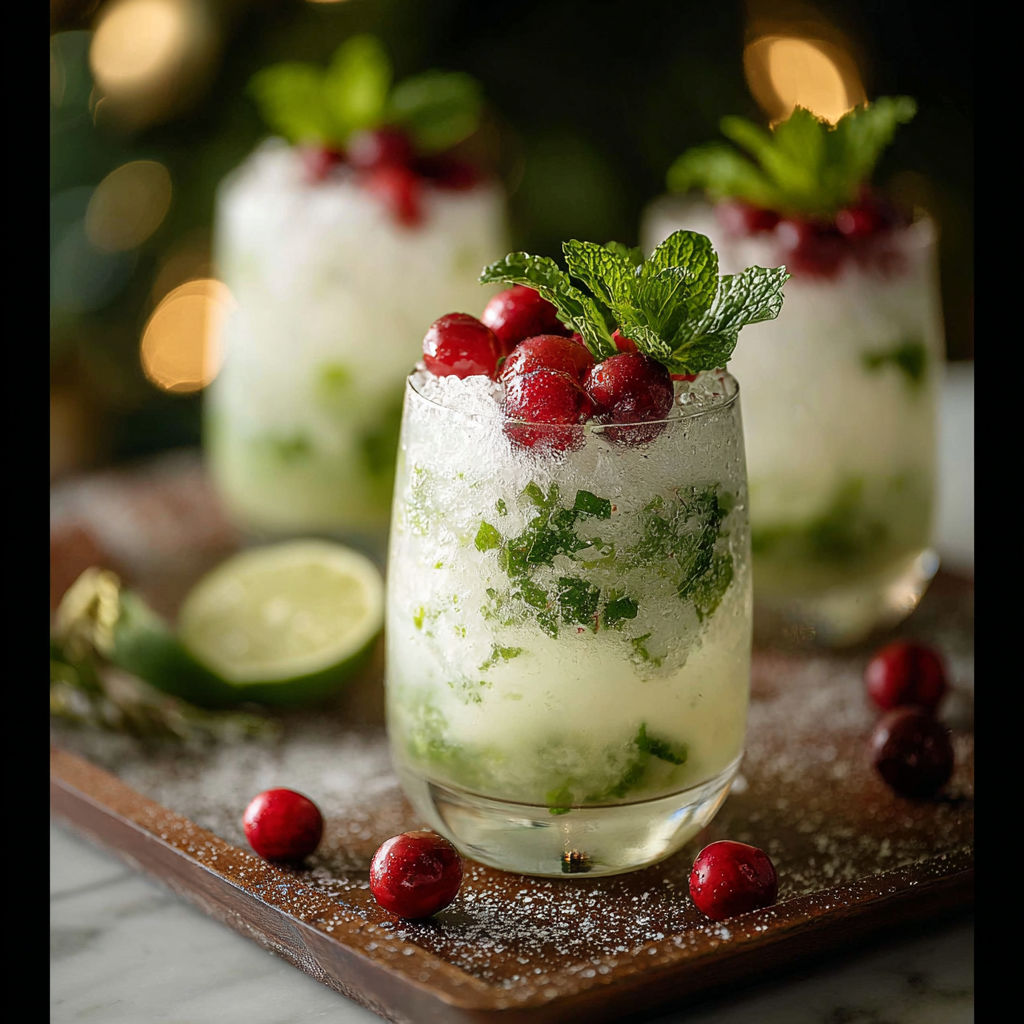 A glass of white Christmas mojitos.