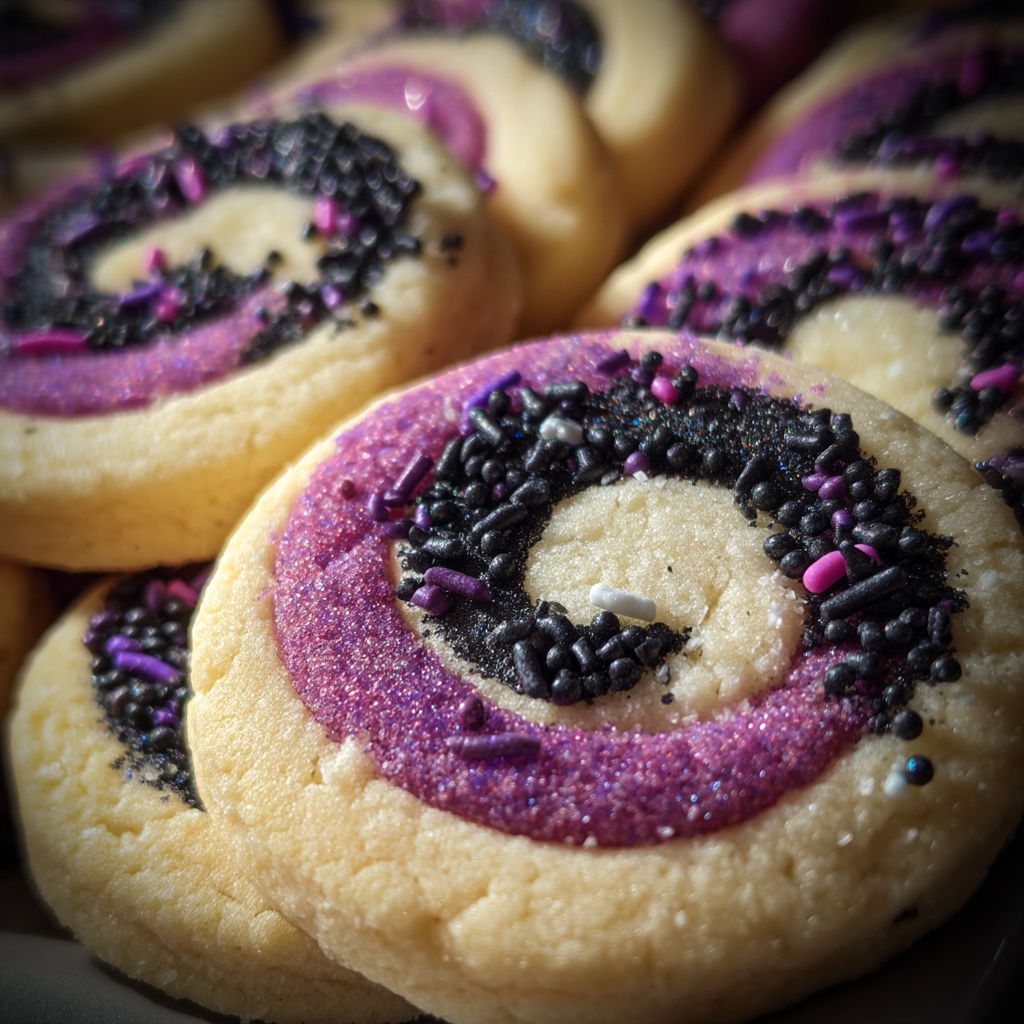 A close up of a spiral cookie with chocolate chips.