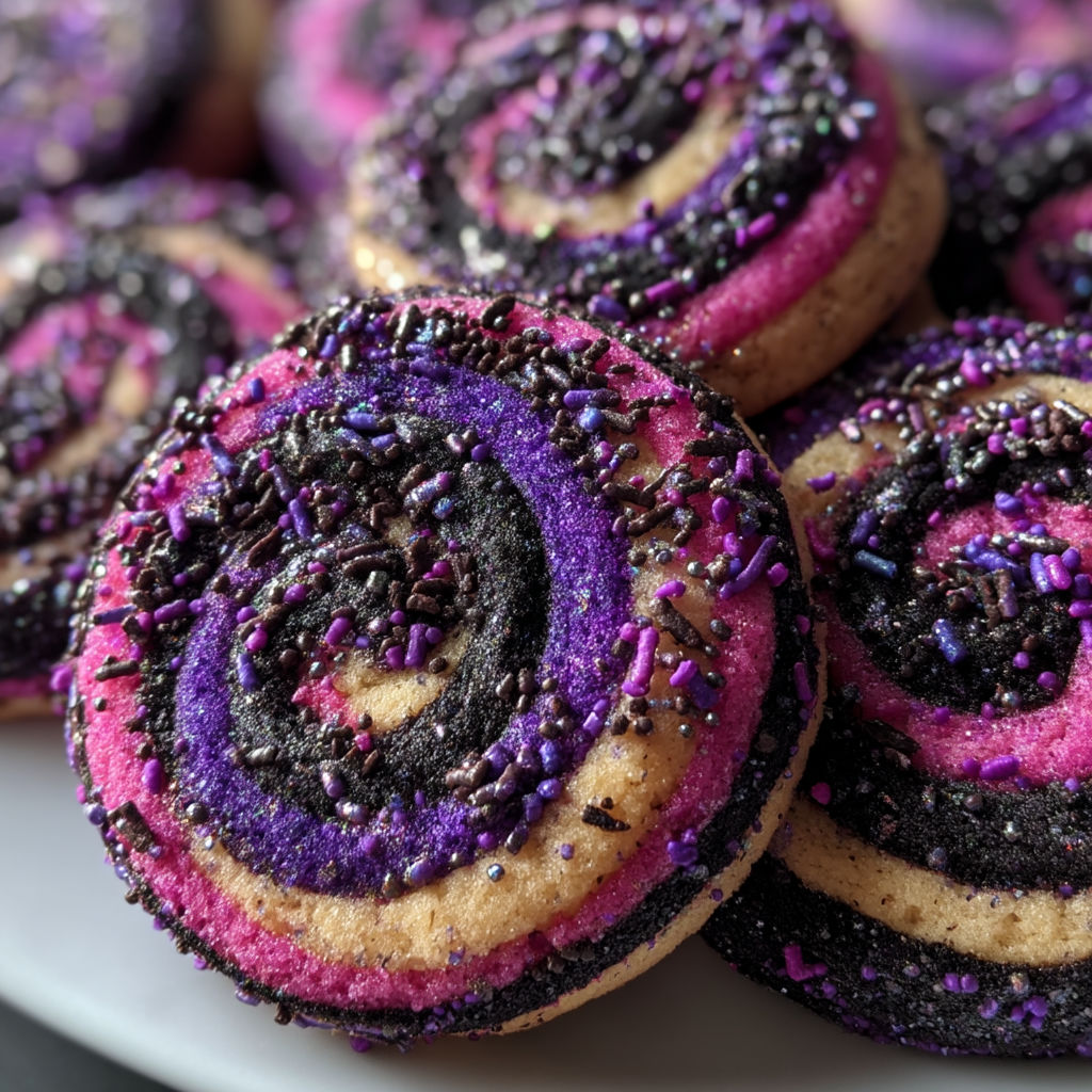 A plate of cookies with purple and black frosting.