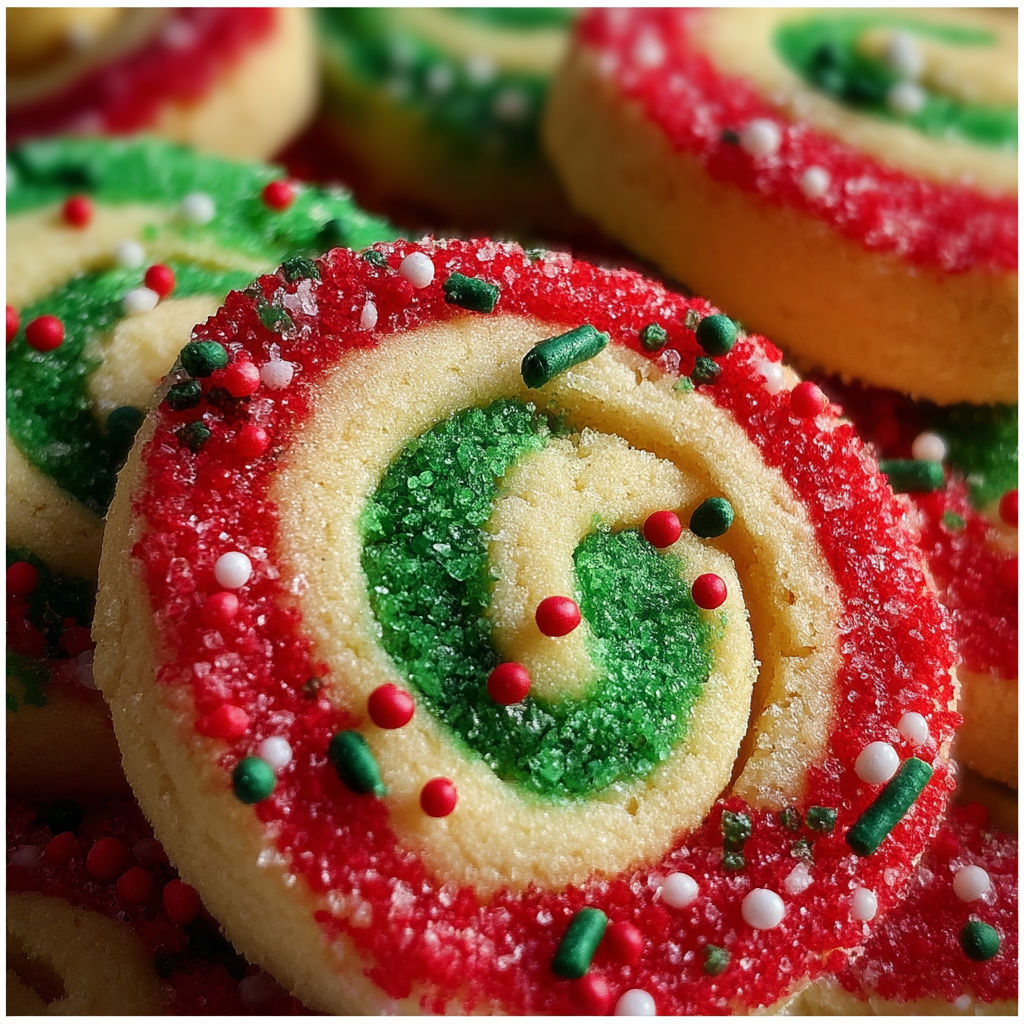 A green, red, and white cookie with a green and white swirl.