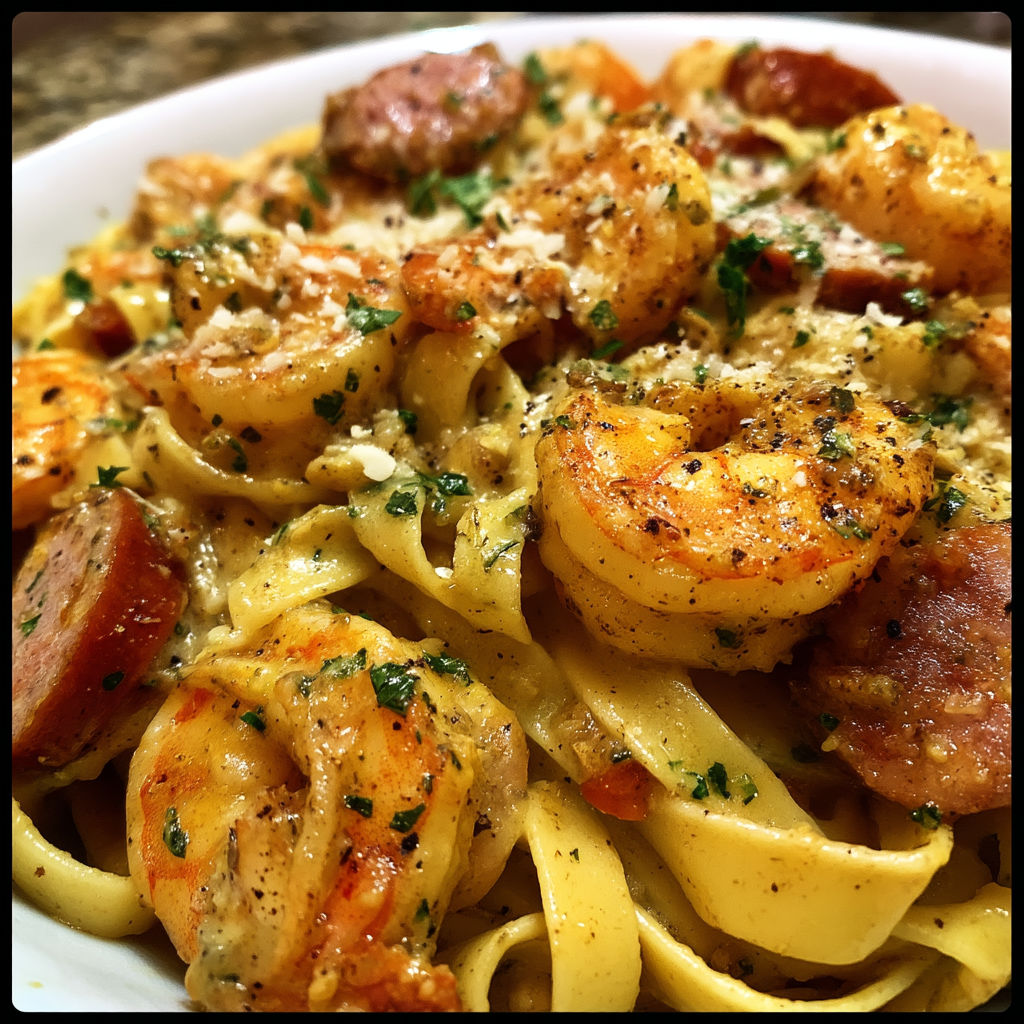 A bowl of Cajun Shrimp and Sausage Pasta.
