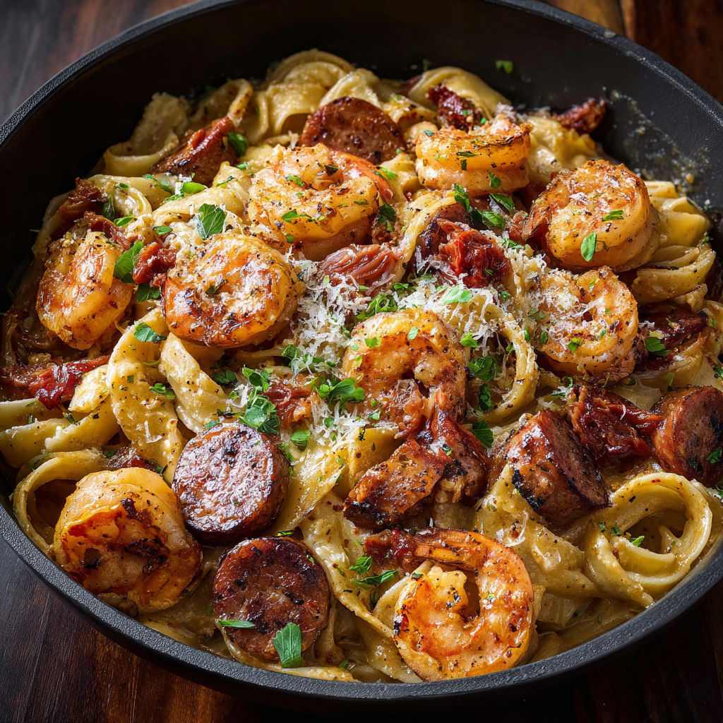A bowl of Cajun Shrimp and Sausage Pasta.