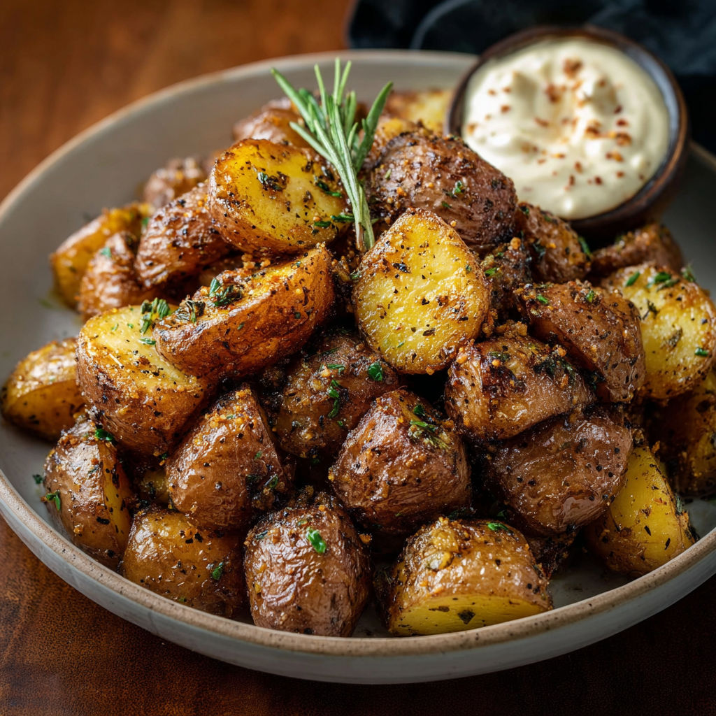 A plate of potatoes with a sprig of parsley on top.