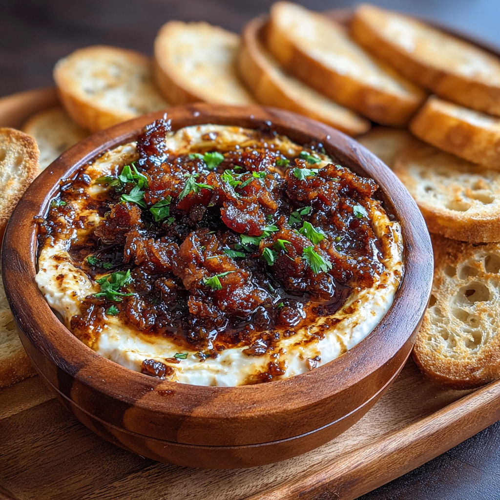 A wooden bowl filled with a dip and bread.
