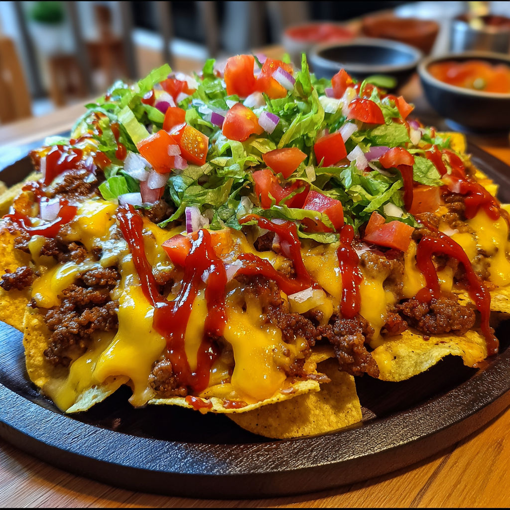 A plate of nachos with cheese and tomatoes.