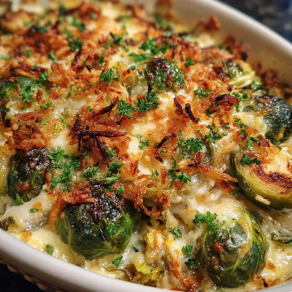 A cheesy brussels sprout casserole in a white bowl.