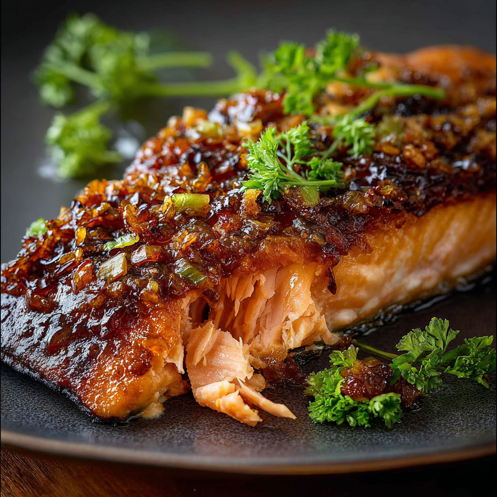 A piece of salmon with a brown sauce on top.