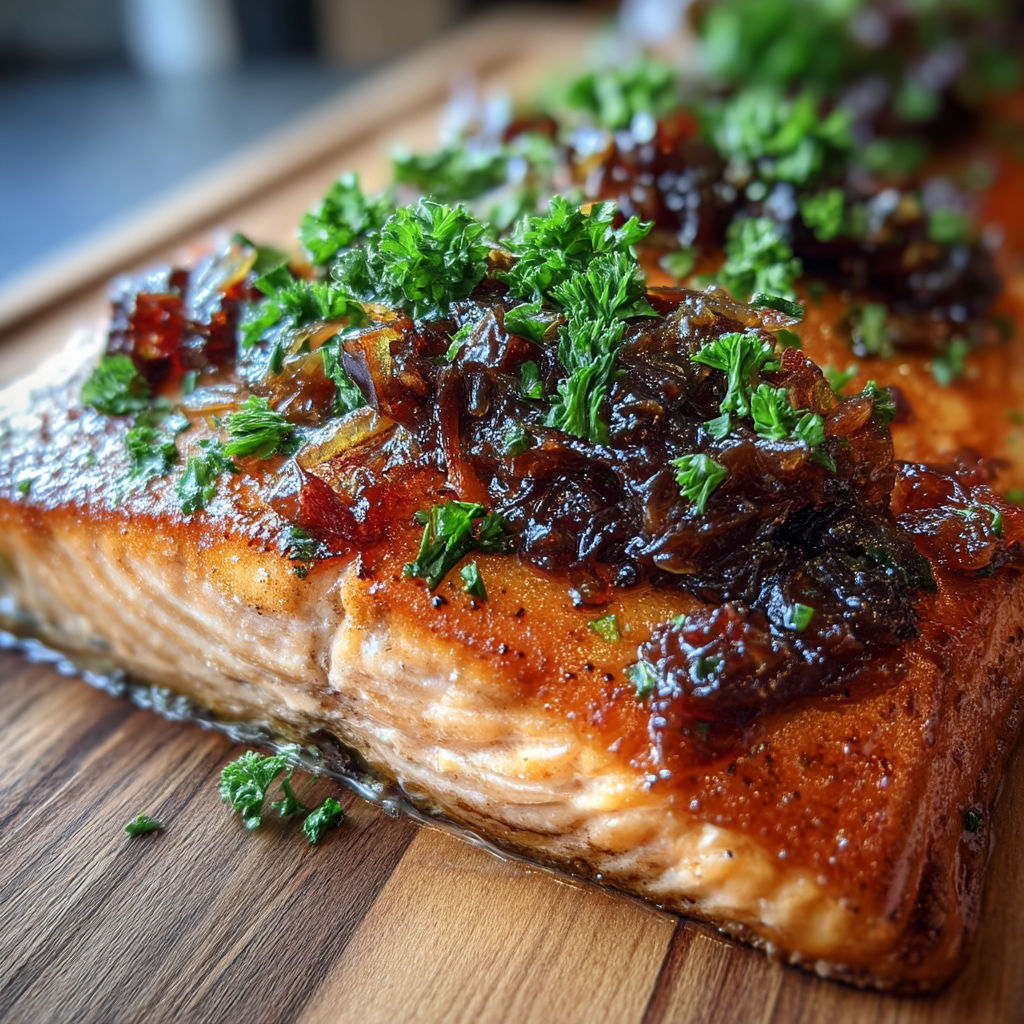 A piece of fish with onions on top.