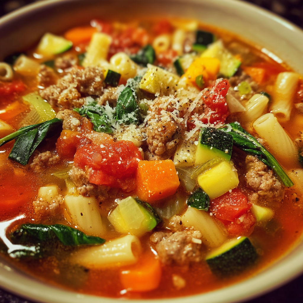 A bowl of minestrone soup with sausage.