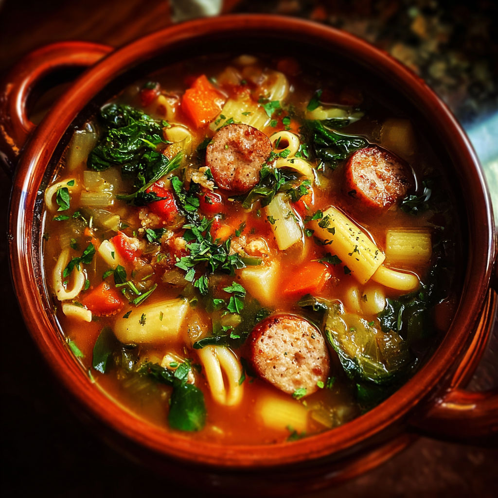 A bowl of minestrone soup with sausage.