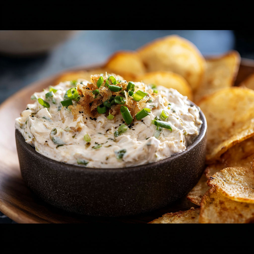 A bowl of potato chips with a dollop of dip.
