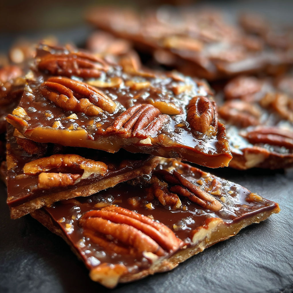 A close up of a pecan pie bark.