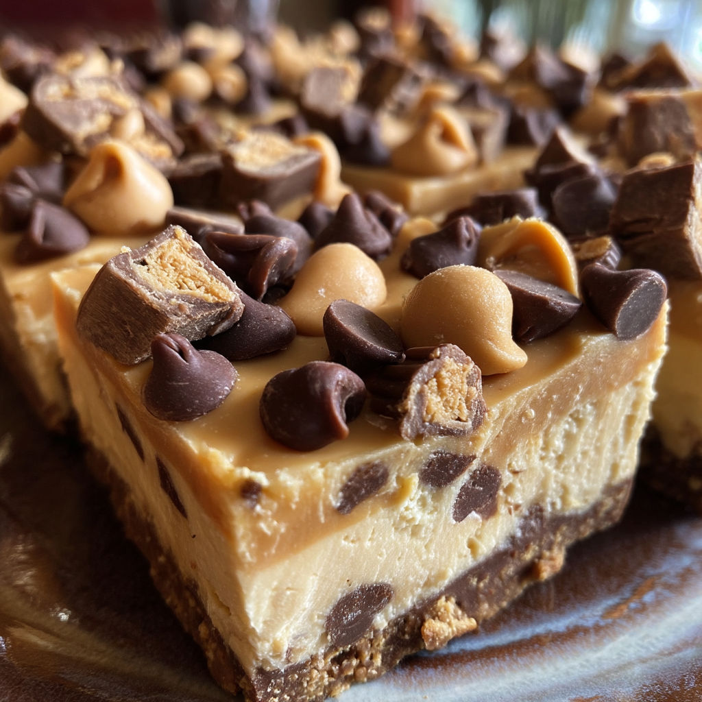 A close up of a piece of cake with chocolate and peanut butter toppings.
