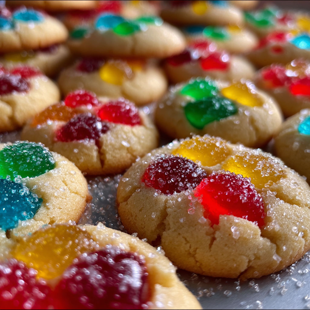 A close up of a cookie with jelly beans on top.
