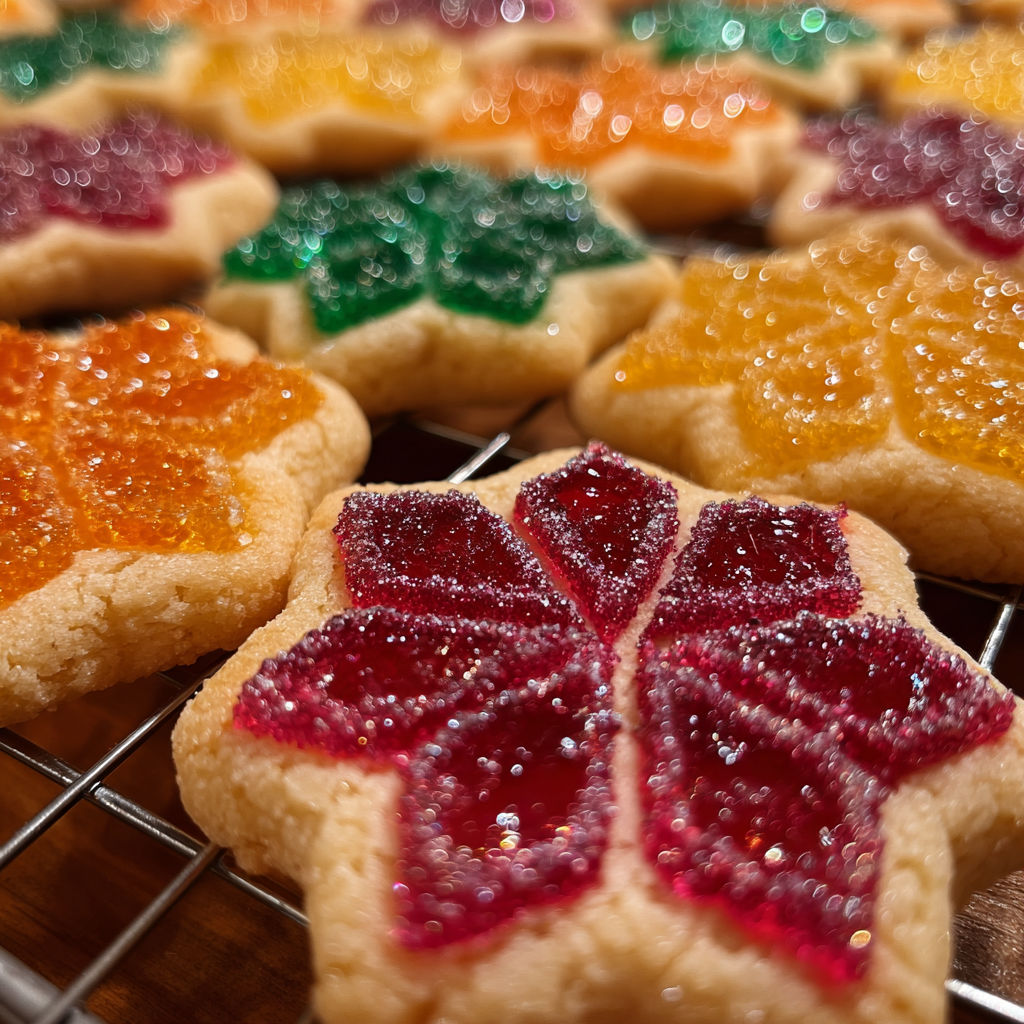 A tray of colorful cookies with jelly in the middle.