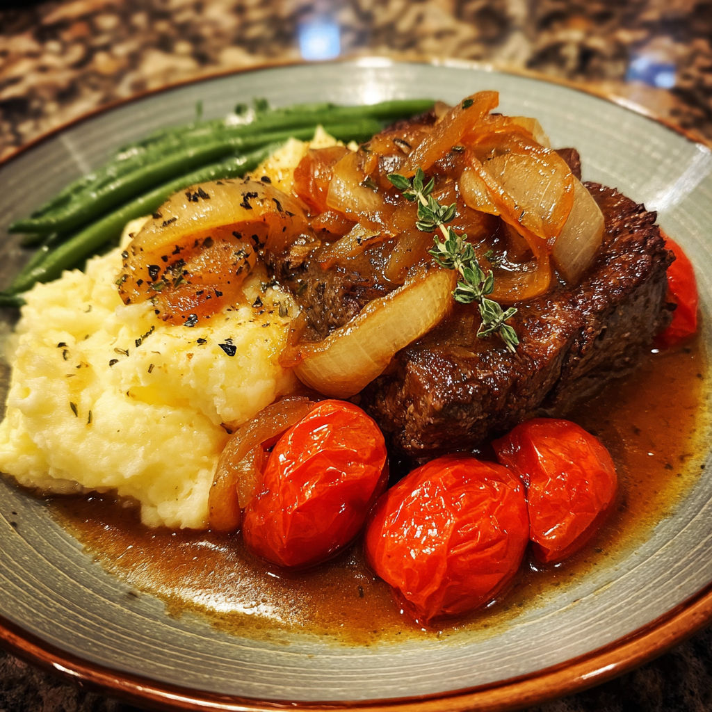 A plate of food with meat, potatoes, and vegetables.