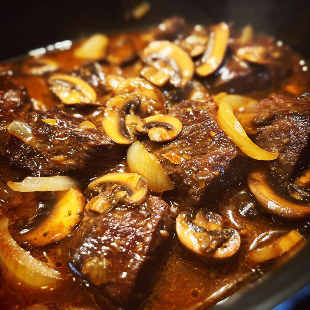 A close up of a pot of beef and mushrooms.