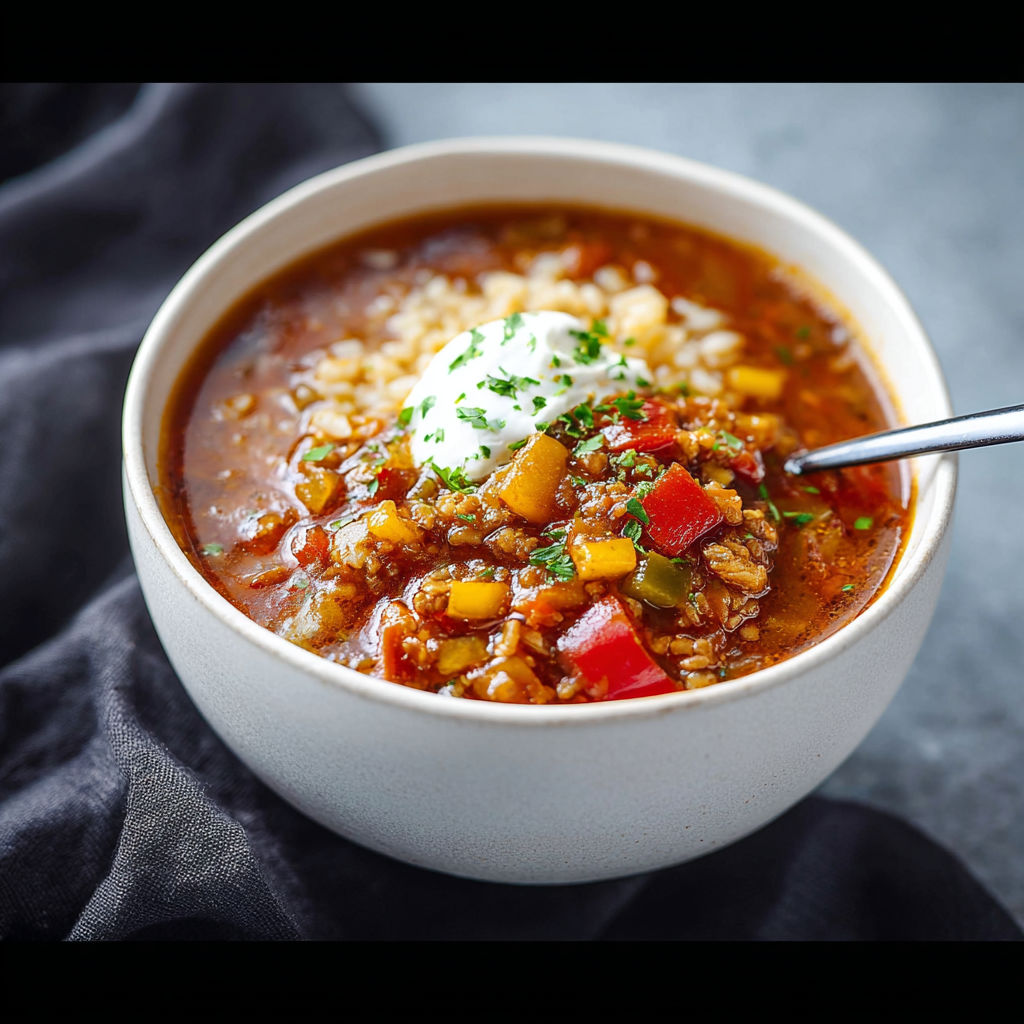 A bowl of soup with a spoon in it.