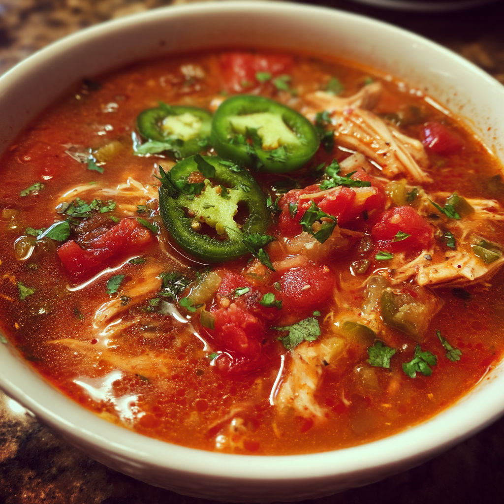 A bowl of soup with chicken, jalapenos, and tomatoes.