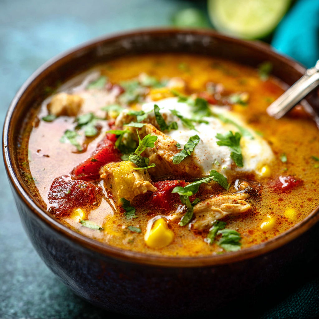 A bowl of soup with chicken and vegetables.
