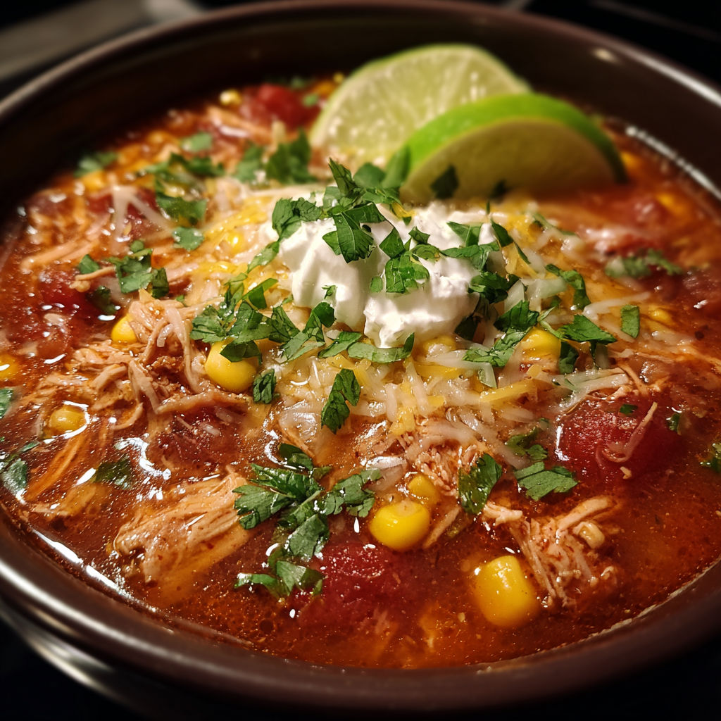 A bowl of soup with lime wedges on top.