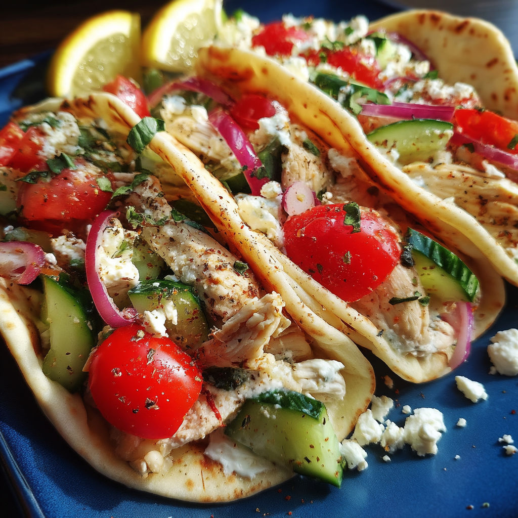 Slow cooker Greek chicken tacos with tomatoes, cucumbers, and feta cheese.