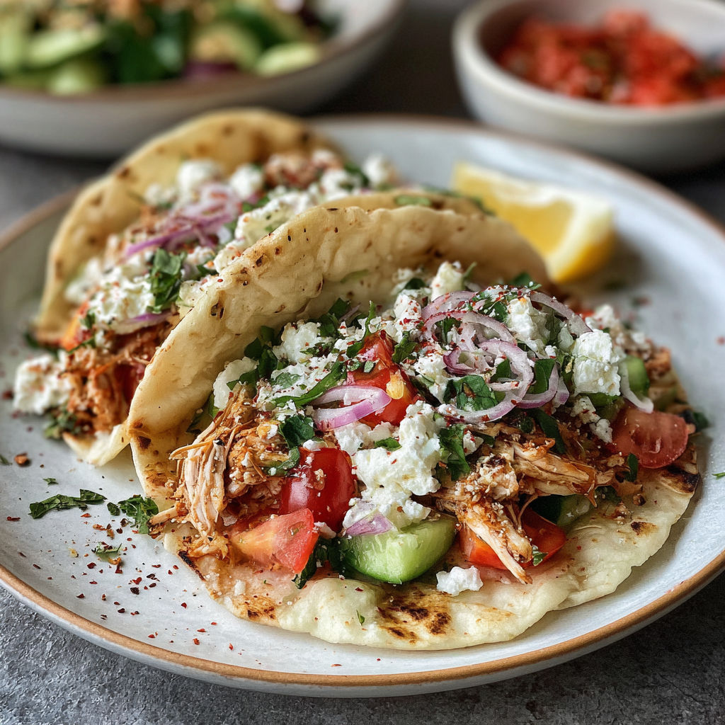 A plate of slow cooker Greek chicken tacos.