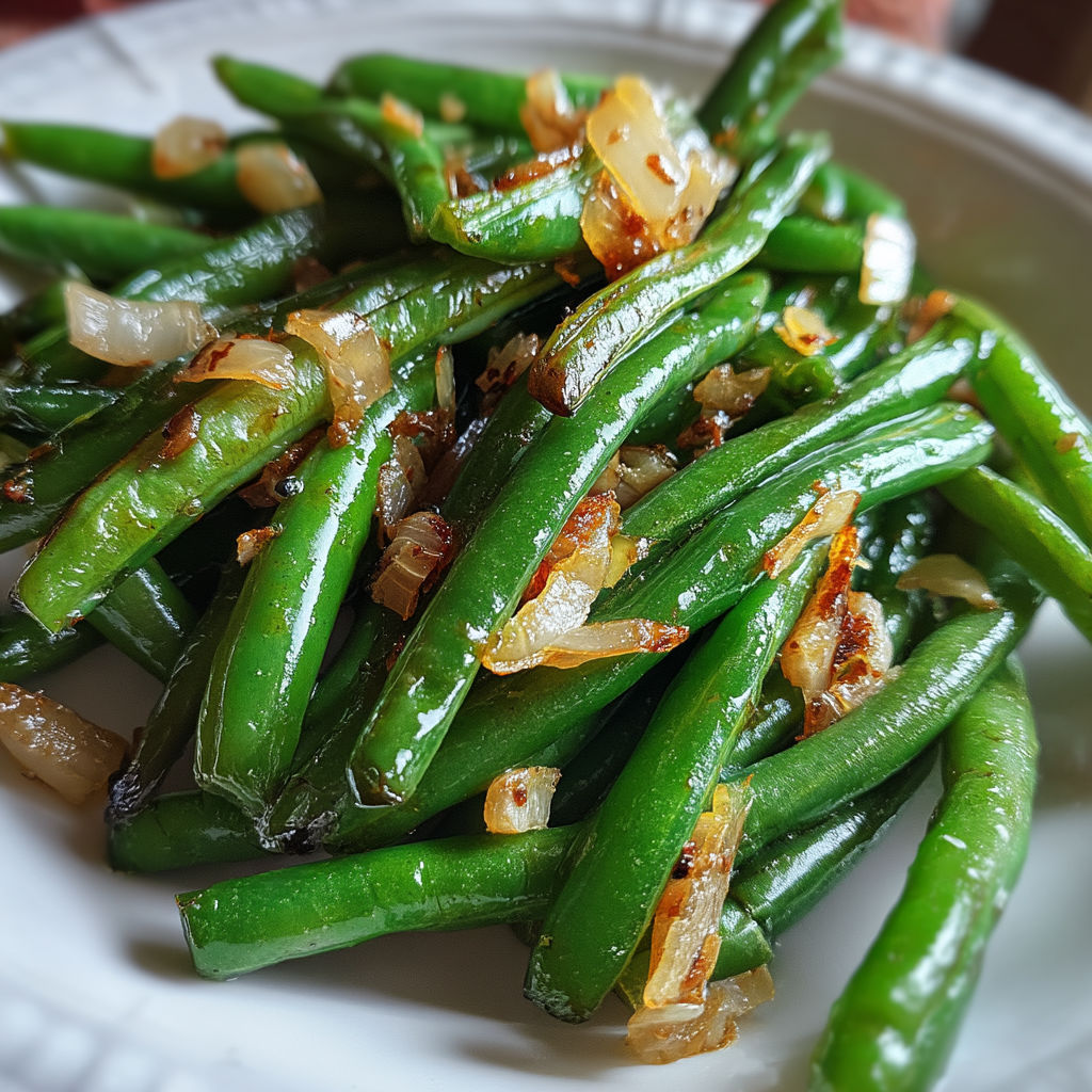 A plate of green beans with onions.