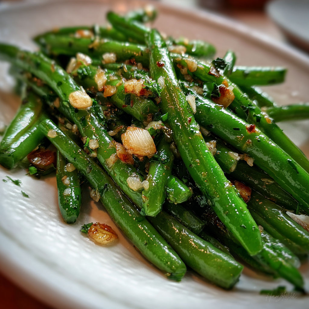 A plate of green beans with seasoning.