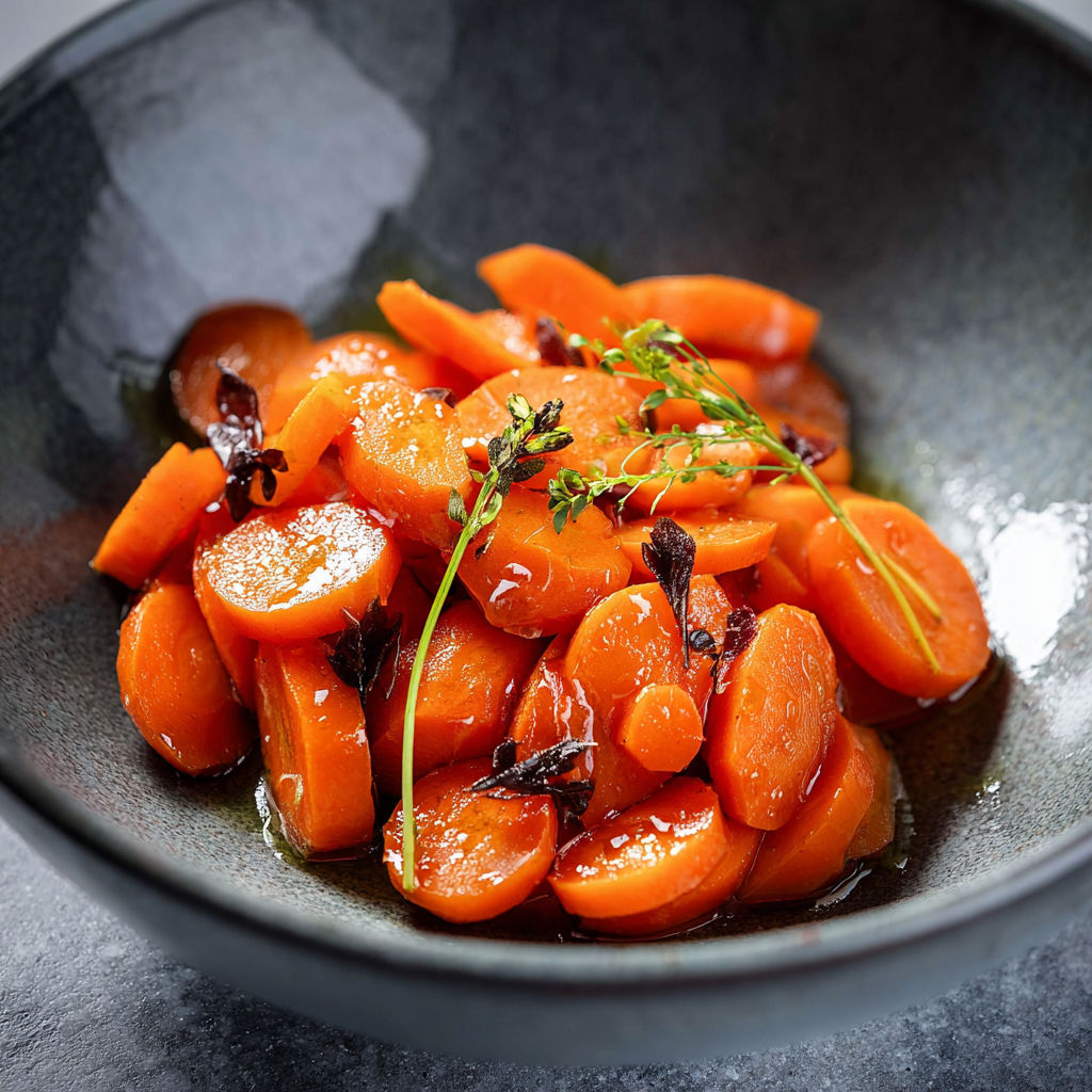 A bowl of carrots with a sprig of parsley on top.
