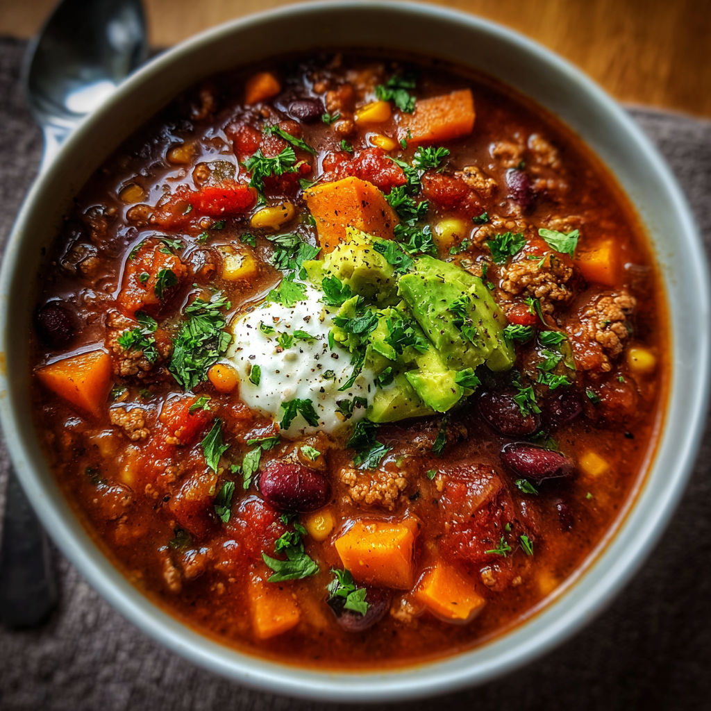 A bowl of soup with a spoon in it.