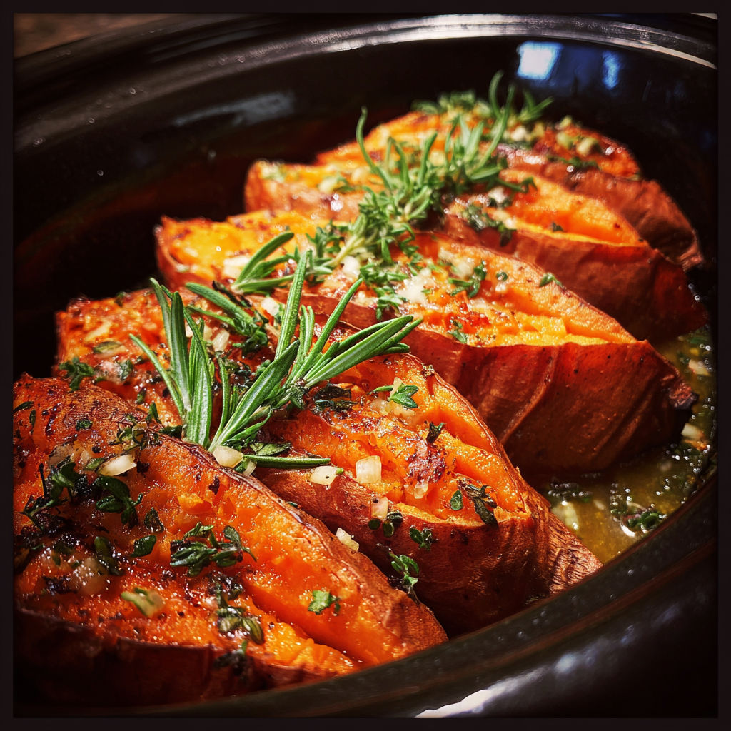 Slow cooker sweet potatoes with herbs.