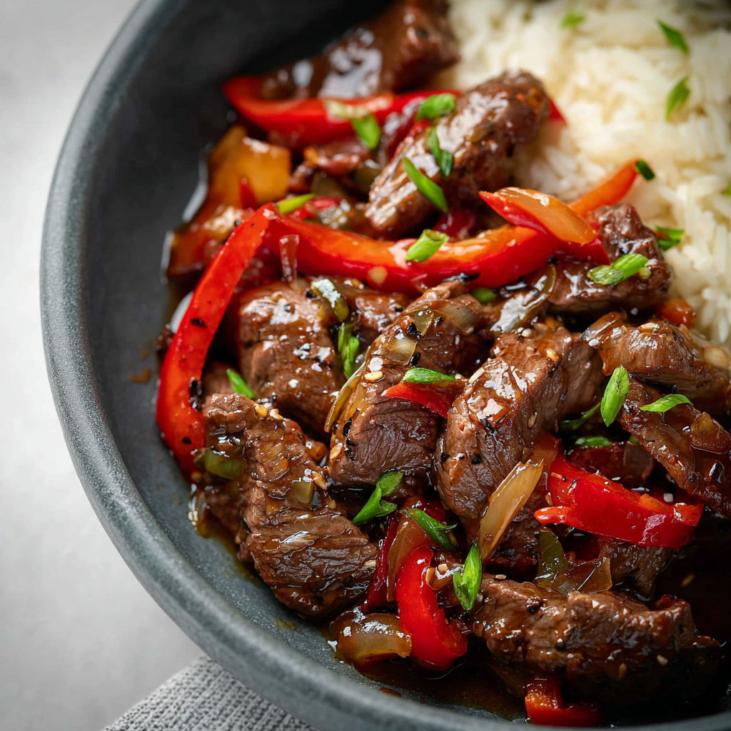 A bowl of beef and peppers.