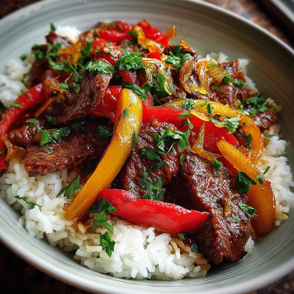 A bowl of rice with meat and vegetables.