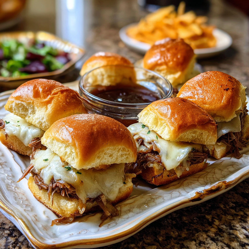 A plate of sandwiches with meat and cheese.