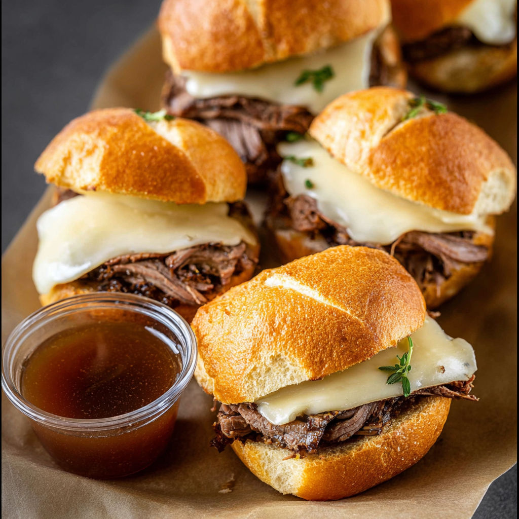 A plate of sandwiches with meat and cheese.