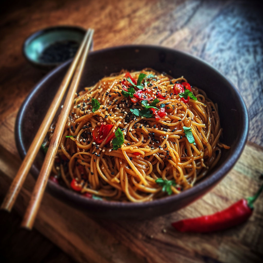 A bowl of noodles with vegetables and spices.