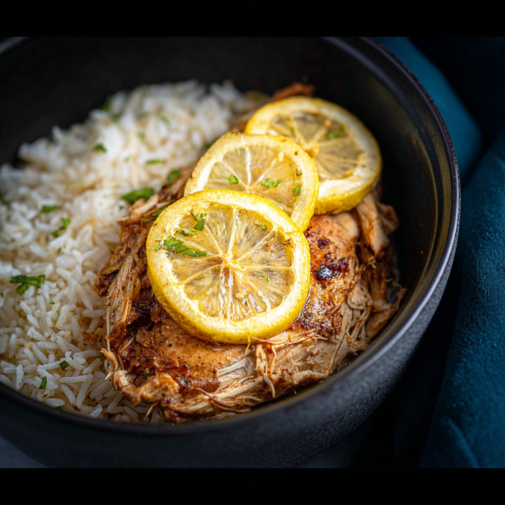 A bowl of slow cooker lemon chicken with rice.