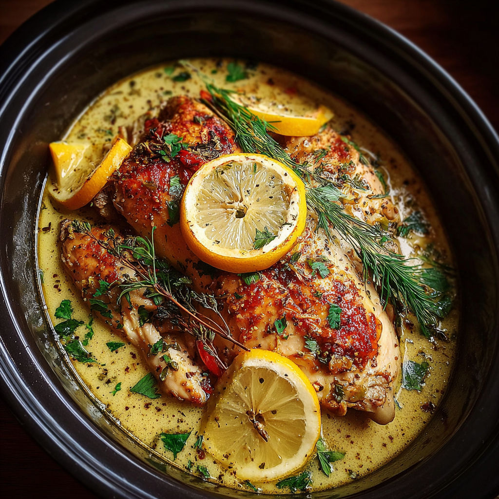 A bowl of slow cooker lemon chicken.