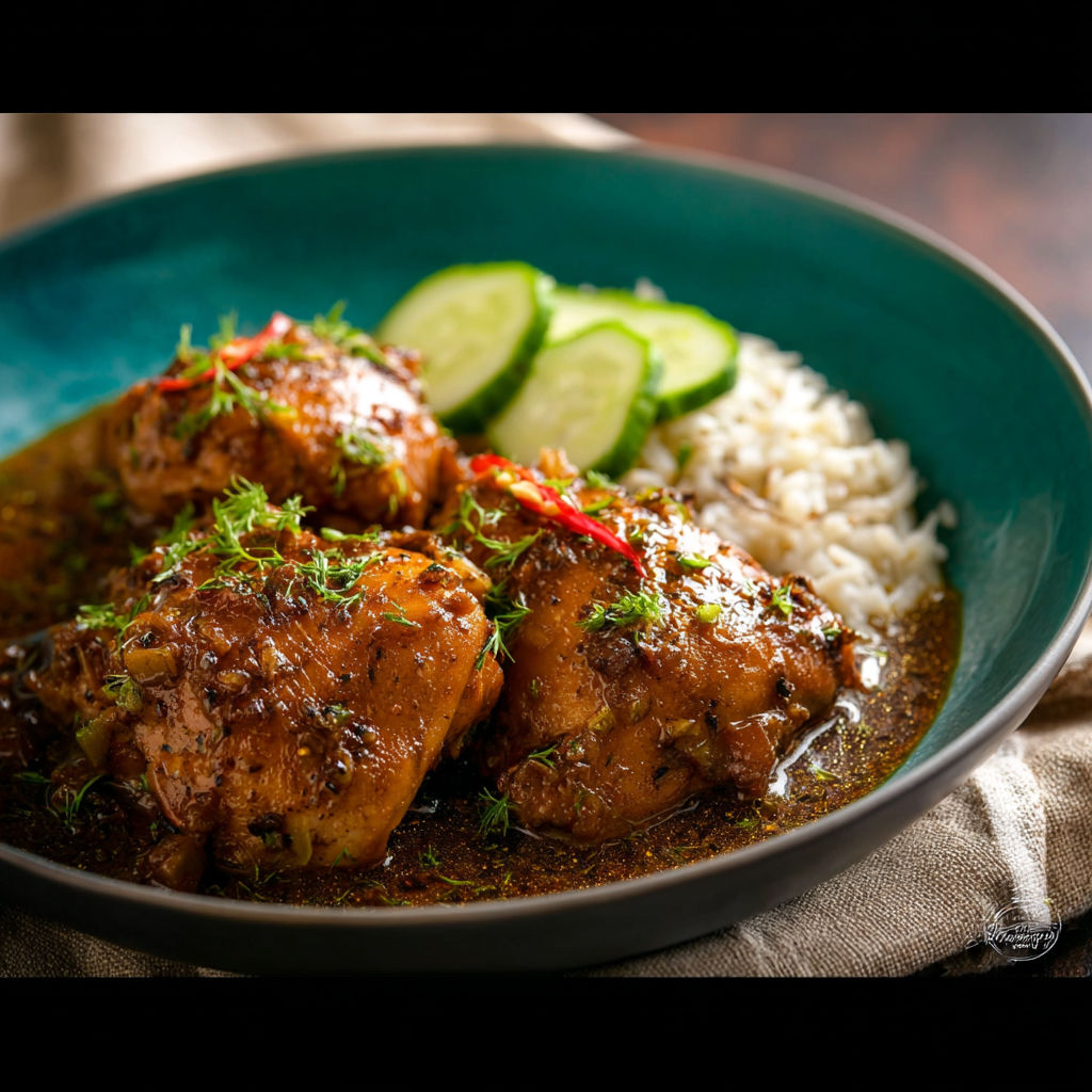 A plate of chicken adobo with rice and cucumbers.