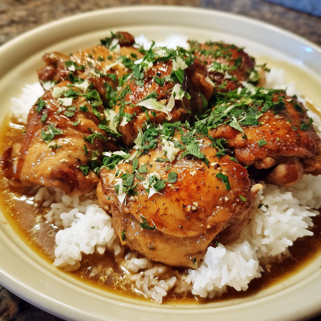 A plate of chicken with rice and herbs.