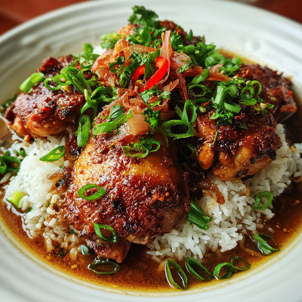 A plate of chicken adobo with rice.